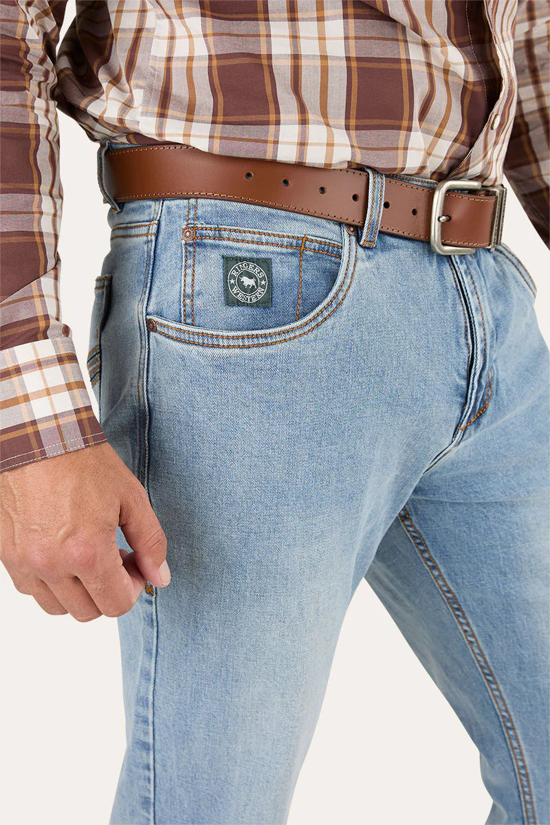 Ringers Western Muster Slim Straight Fit Mid Rise Jeans Light Wash Blue