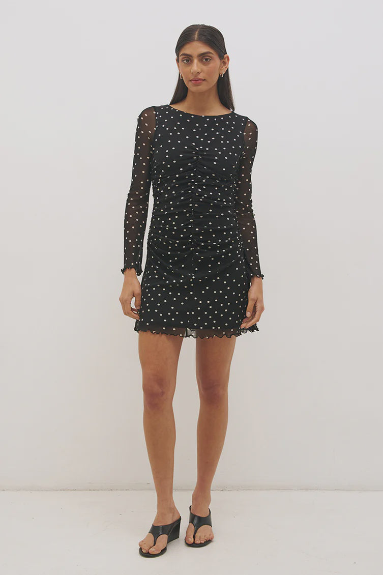Mon Renn Vesper Spot L/S Mini Dress Black Polka Dot