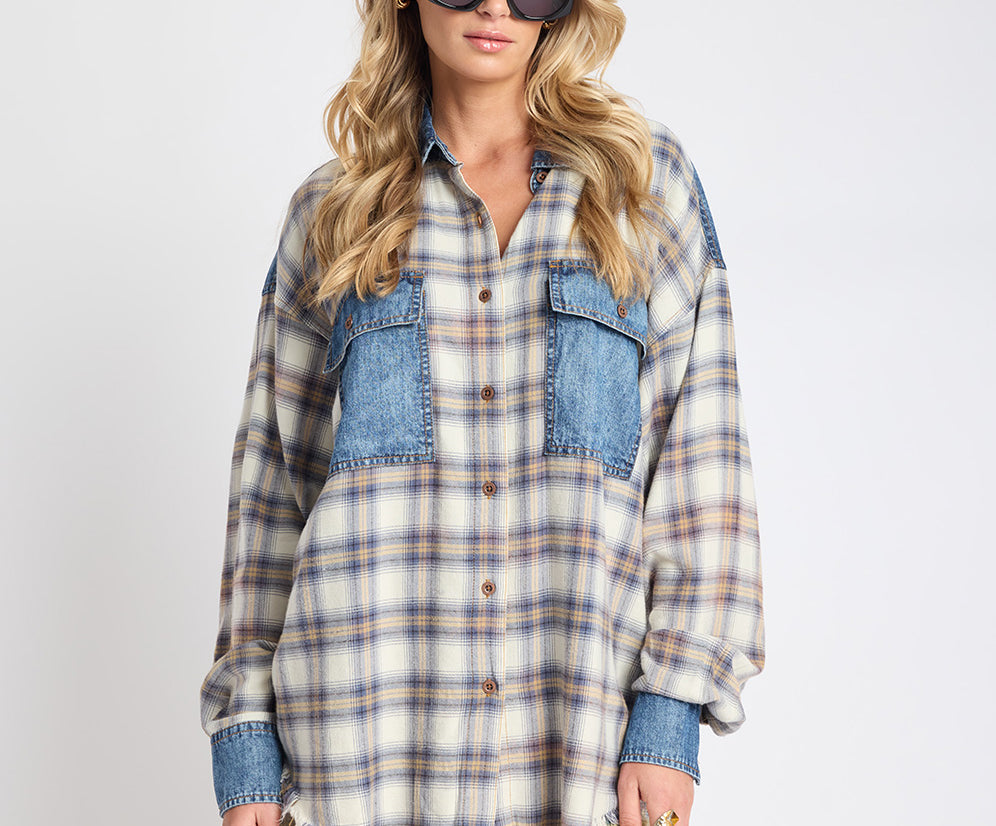 One Teaspoon Oversized Flannel Shirt Blue and White Check