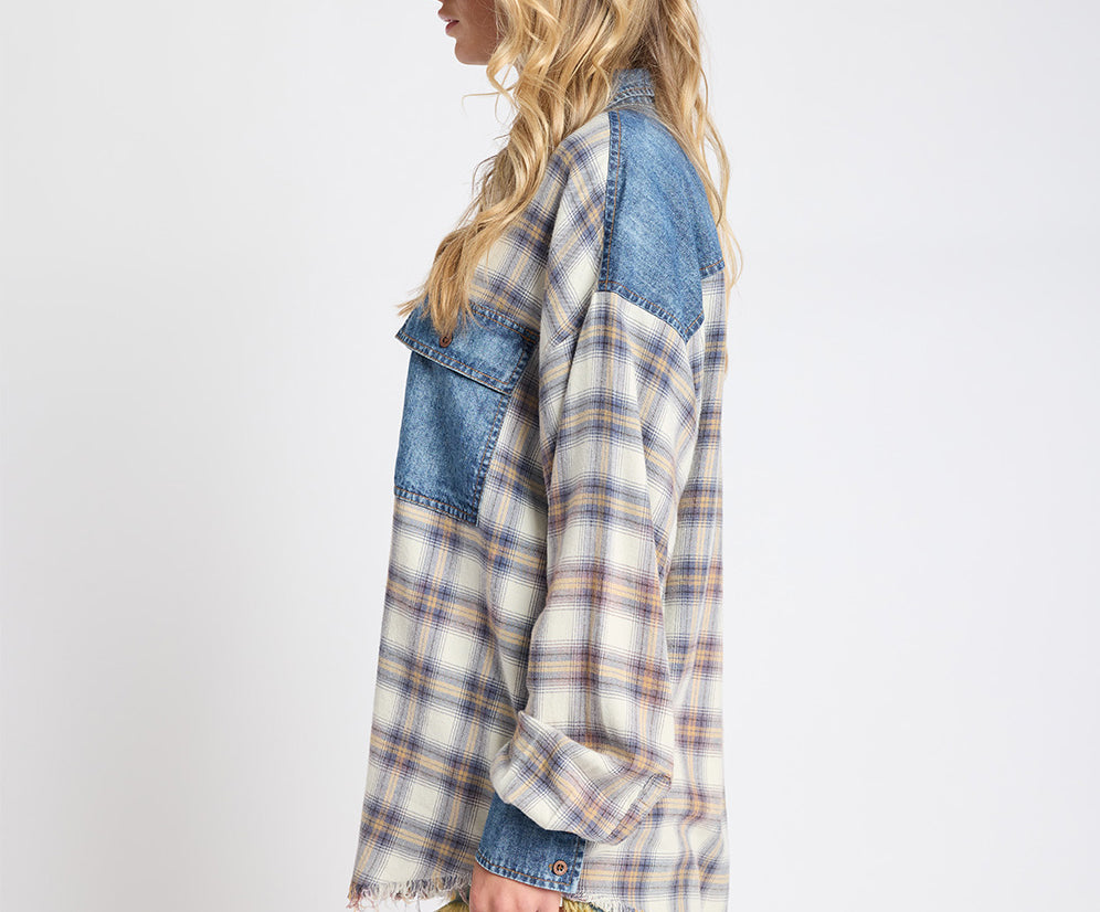 One Teaspoon Oversized Flannel Shirt Blue and White Check