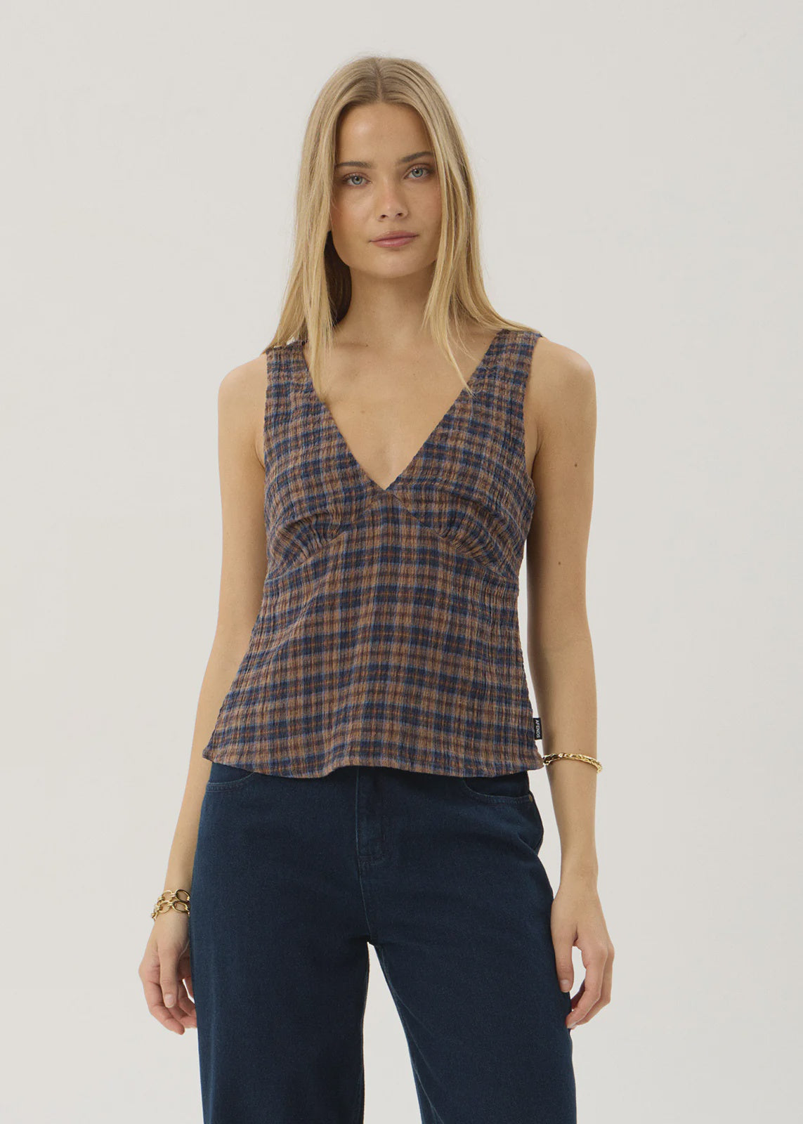 Afends Giselle Seersucker Top Shev Indigo Check
