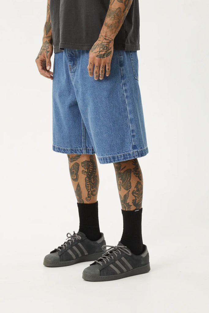 Afends Lil C Denim Baggy Fit Short 22 Inch Worn Blue