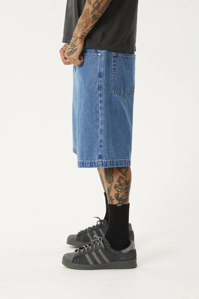 Afends Lil C Denim Baggy Fit Short 22 Inch Worn Blue