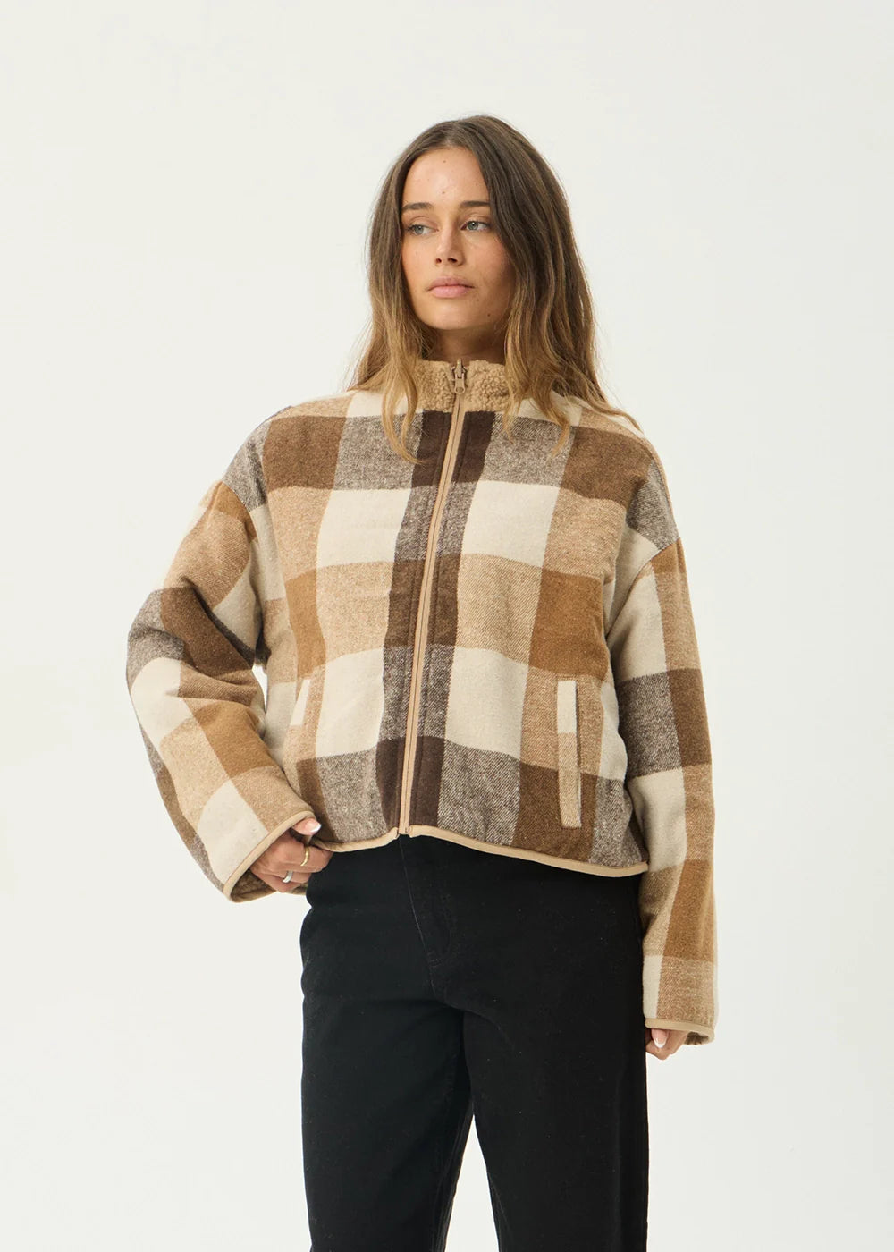 Afends Berlin - Reversible Polar Fleece Jacket - Almond Check
