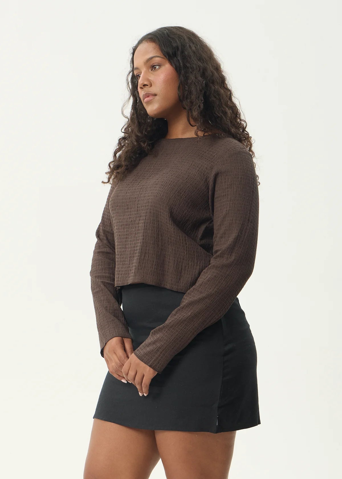 Afends Focus - Seersucker Long Sleeve Top - Coffee