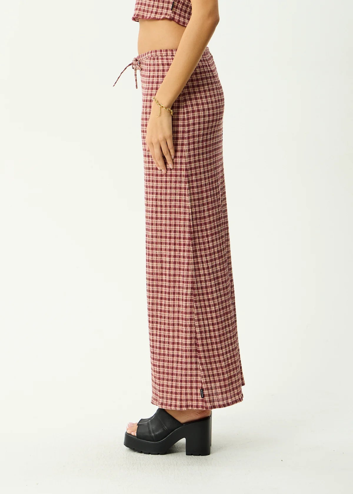 Afends Capricorn - Seersucker Maxi Skirt - Burgundy / Beige Check