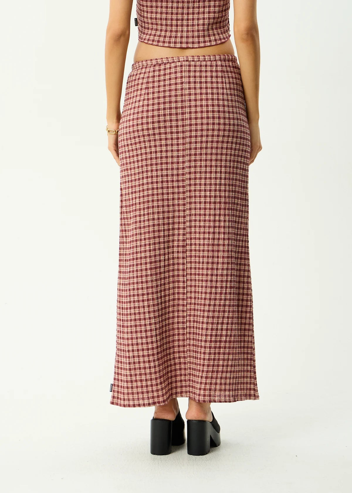 Afends Capricorn - Seersucker Maxi Skirt - Burgundy / Beige Check