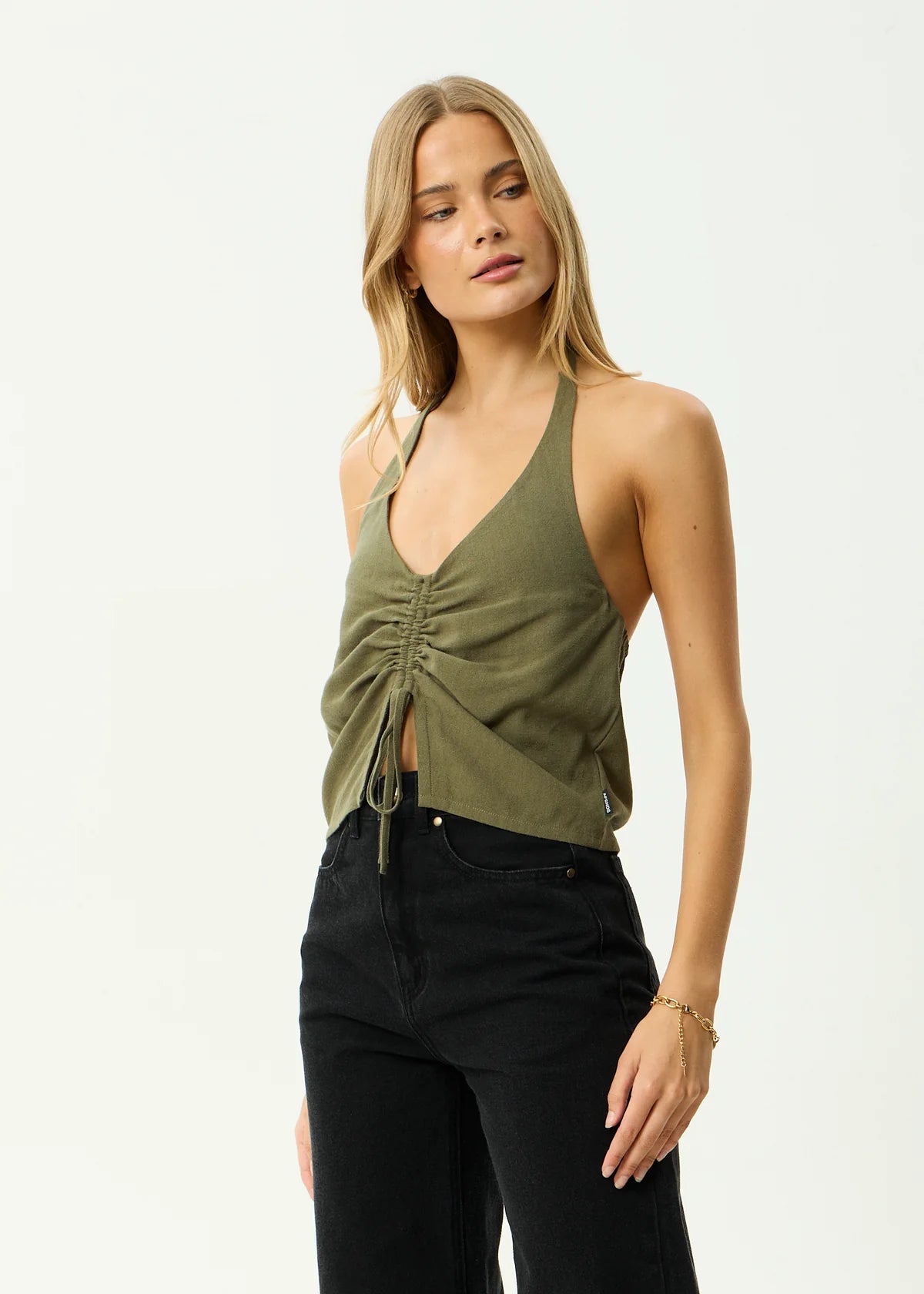 Afends Halle - Linen Ruched Top - Deep Olive