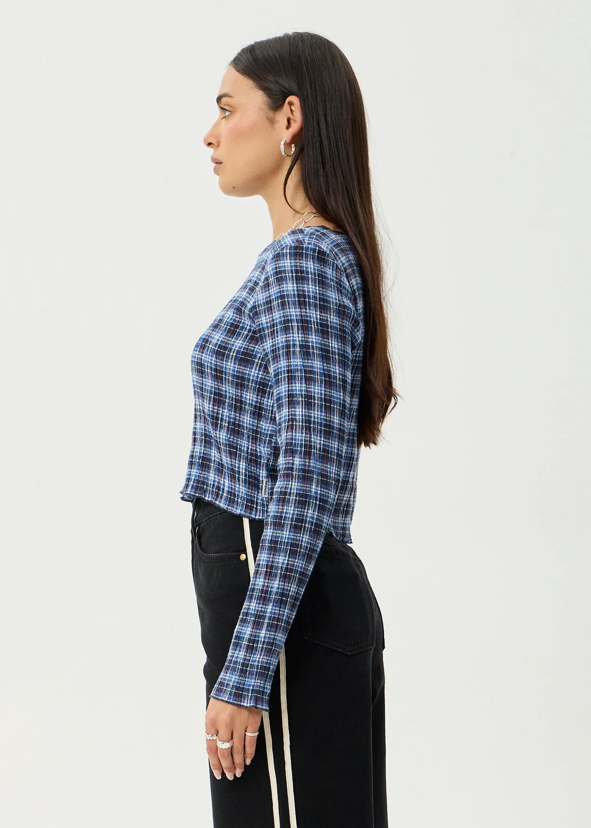 Afends Mountains - Seersucker Long Sleeve Top - Navy Red Check
