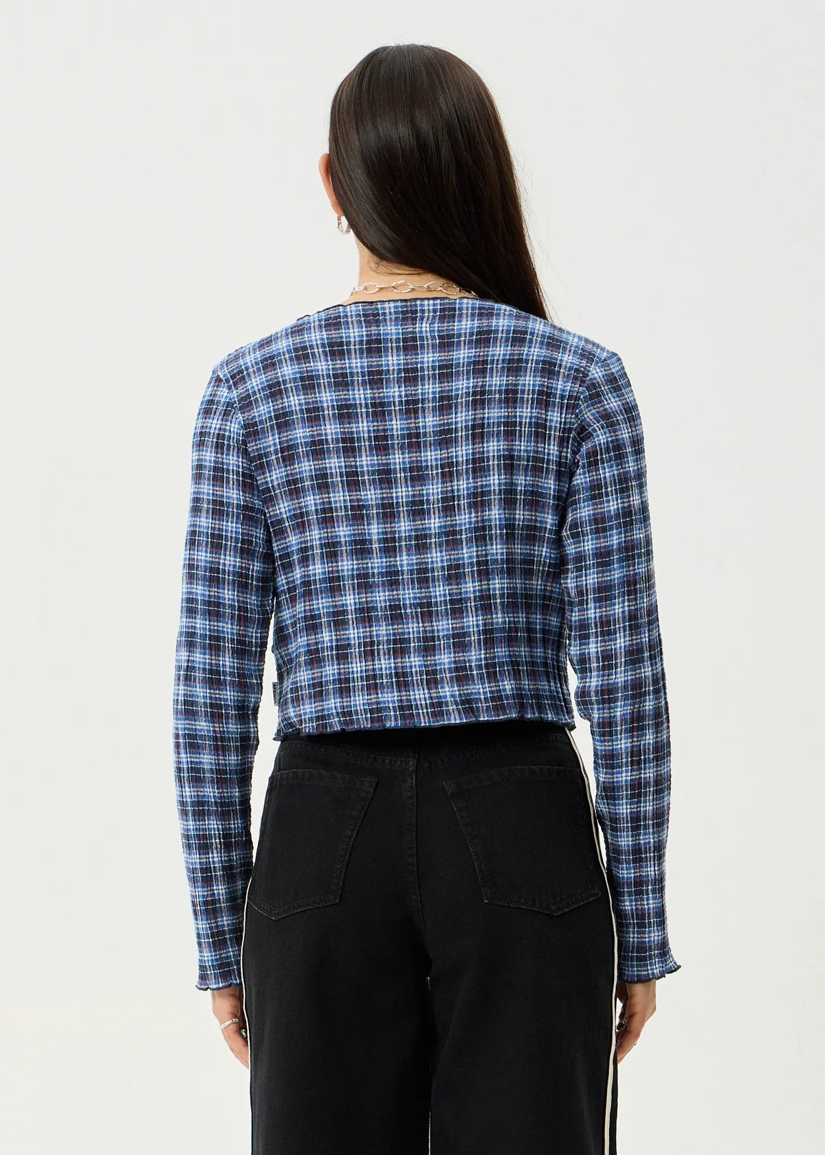 Afends Mountains - Seersucker Long Sleeve Top - Navy Red Check