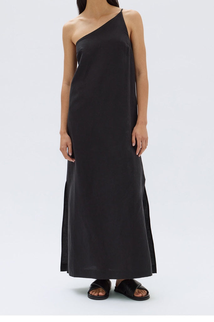 Assembly Farriday Linen Silk Asymmetric Midi Dress Black