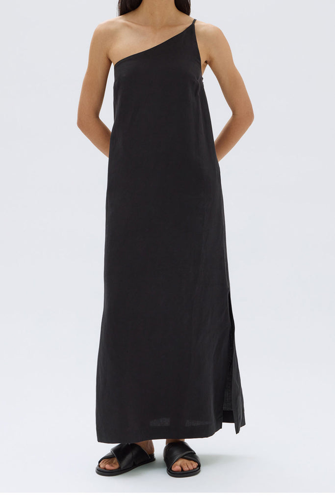 Assembly Farriday Linen Silk Asymmetric Midi Dress Black