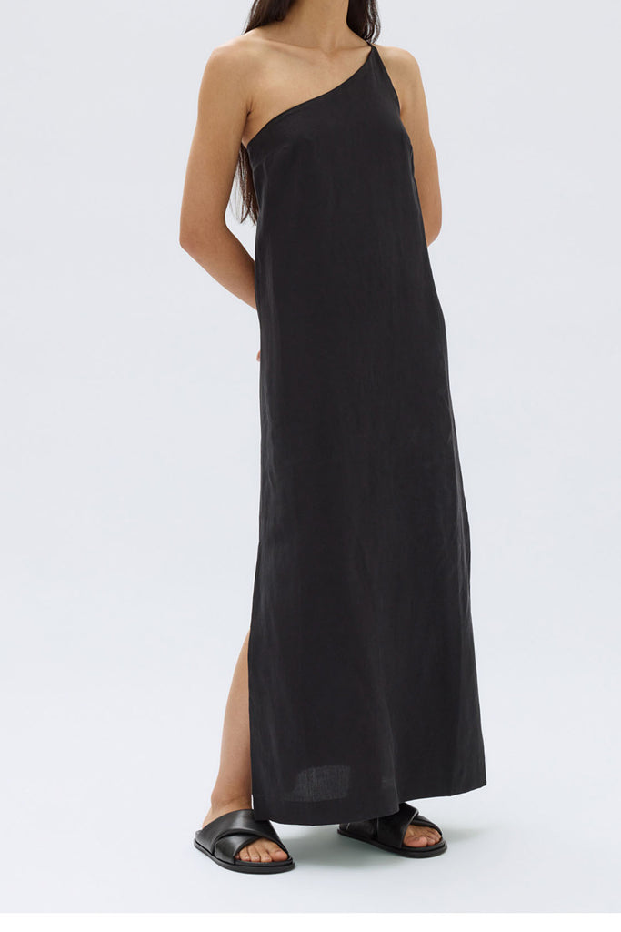 Assembly Farriday Linen Silk Asymmetric Midi Dress Black