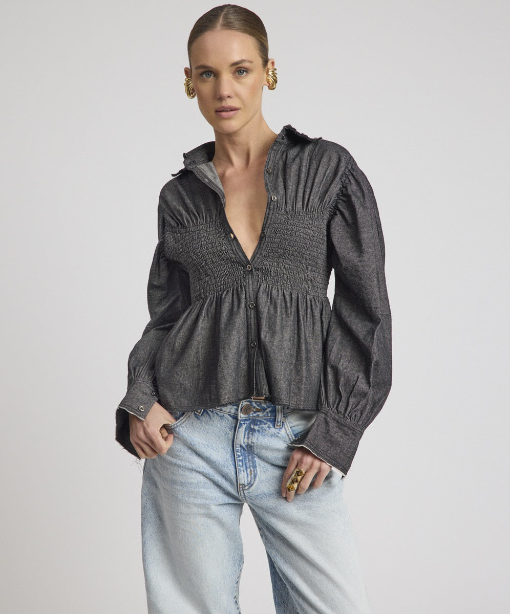 One Teaspoon Cafe Terrace Shirred Chambray Shirt Black