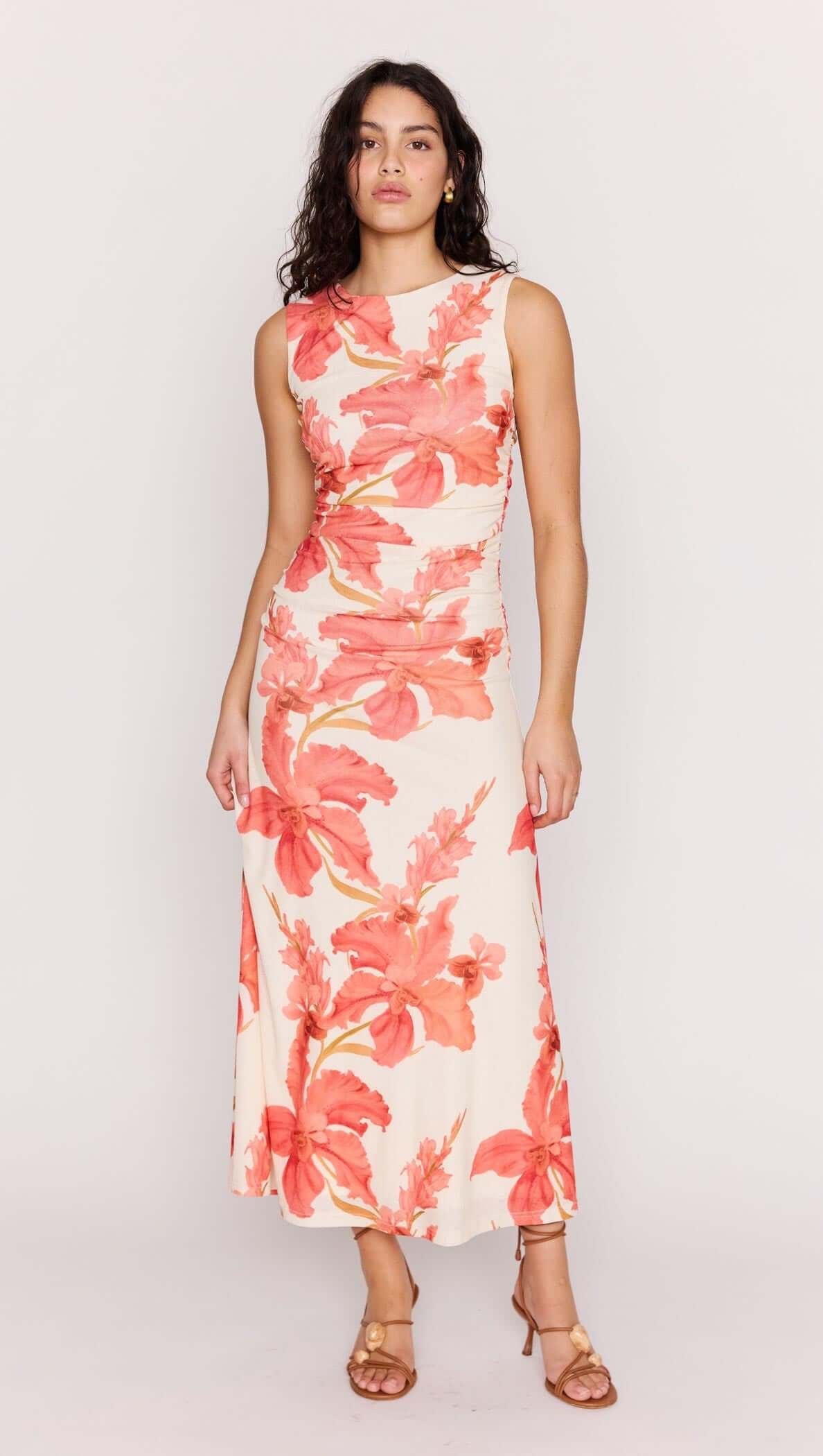 Mink Pink Isla Mesh Midi Dress Peach Hibiscus