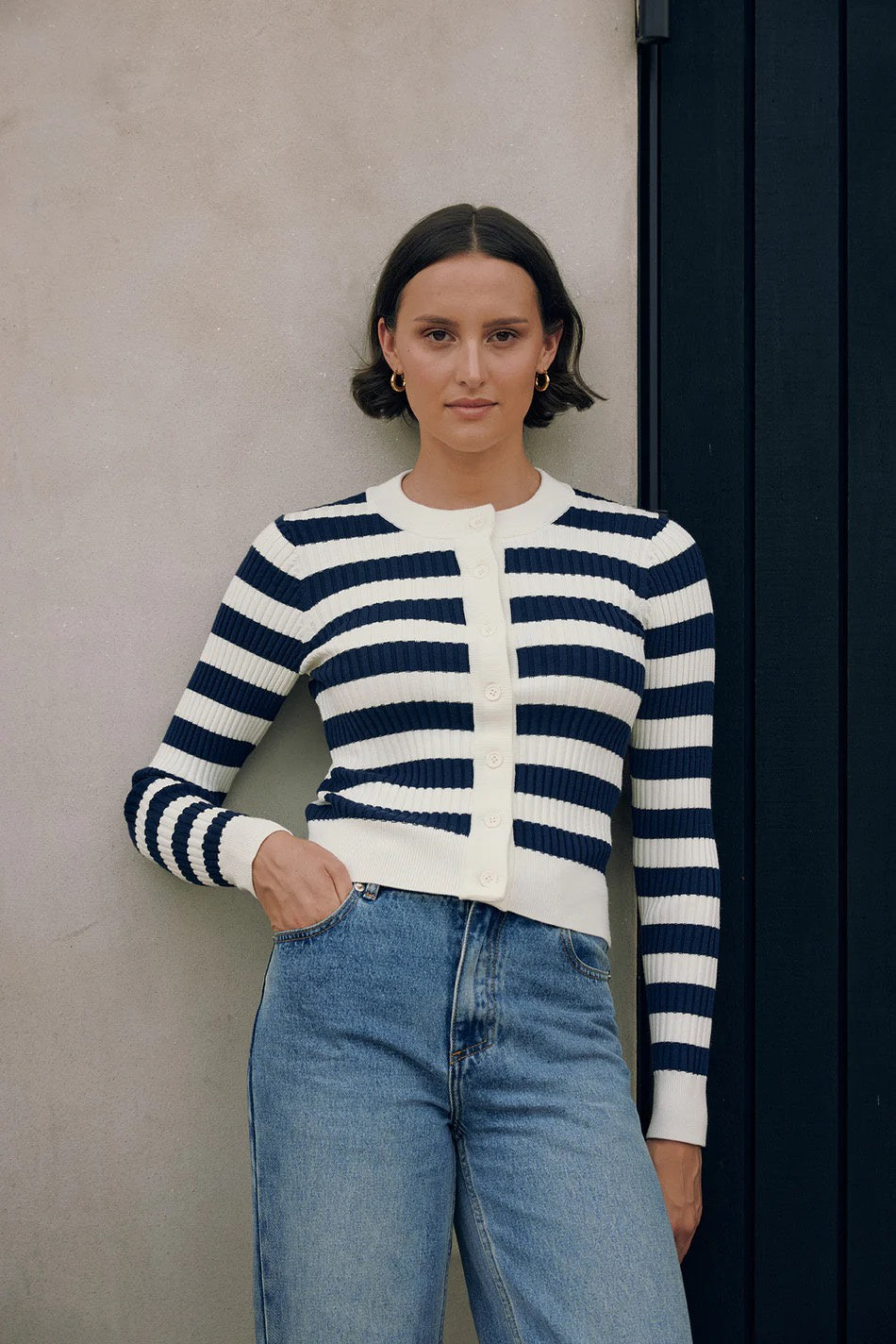 Huffer Classic Stripe Knit Cardigan Chalk/Navy