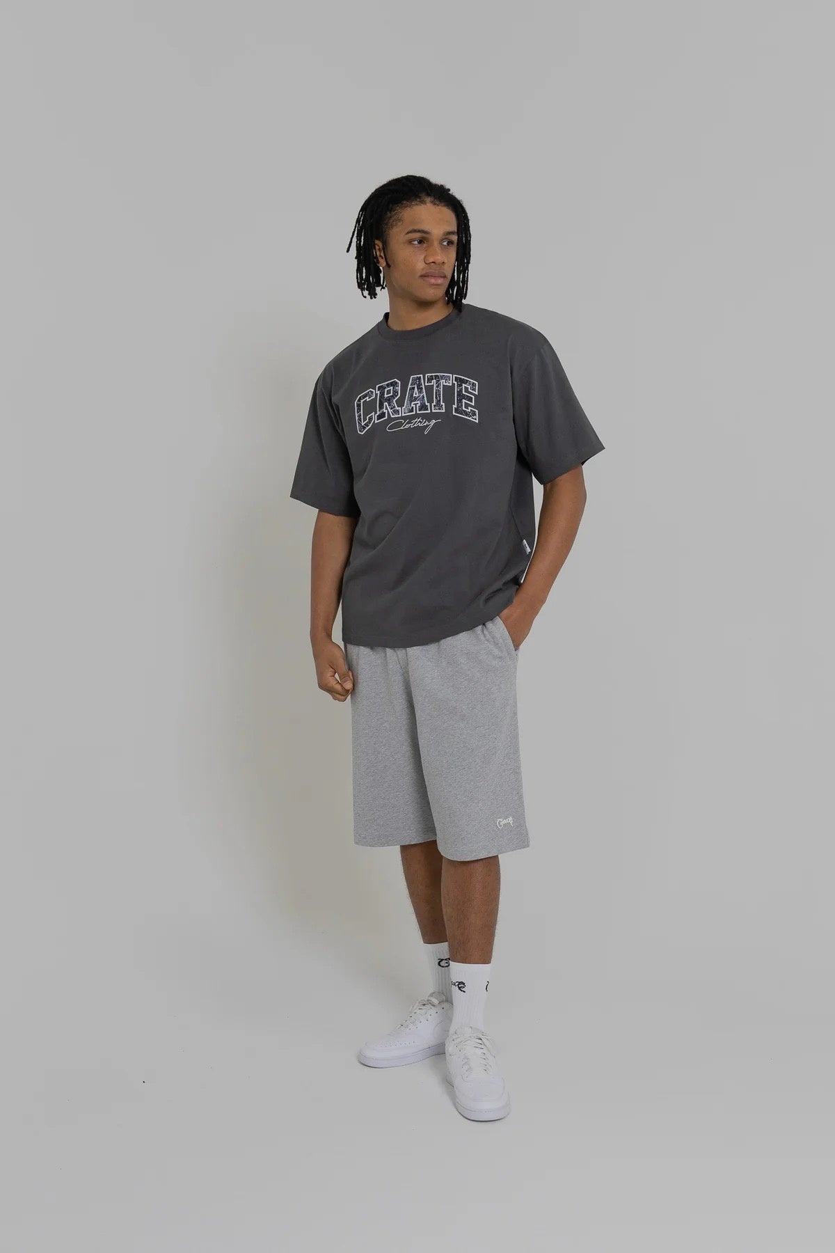 Crate Varsity Box Fit T-Shirt Charcoal/Tree Camo