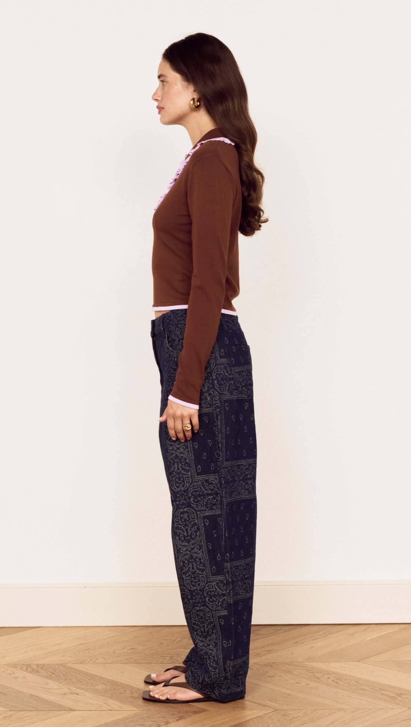 Mink Pink Rhea Ruffle Collar Polo Knit Choc
