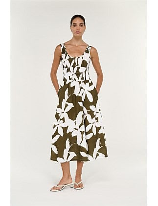 Staple the Label Liora Shirred Midi Dress Khaki/Cream