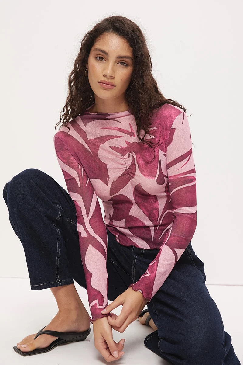 Mon Renn Peta Mock Neck Top Painterly Floral