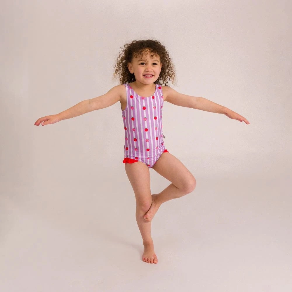 Nestling Neon Girls Swimsuit - Striped Raspberries