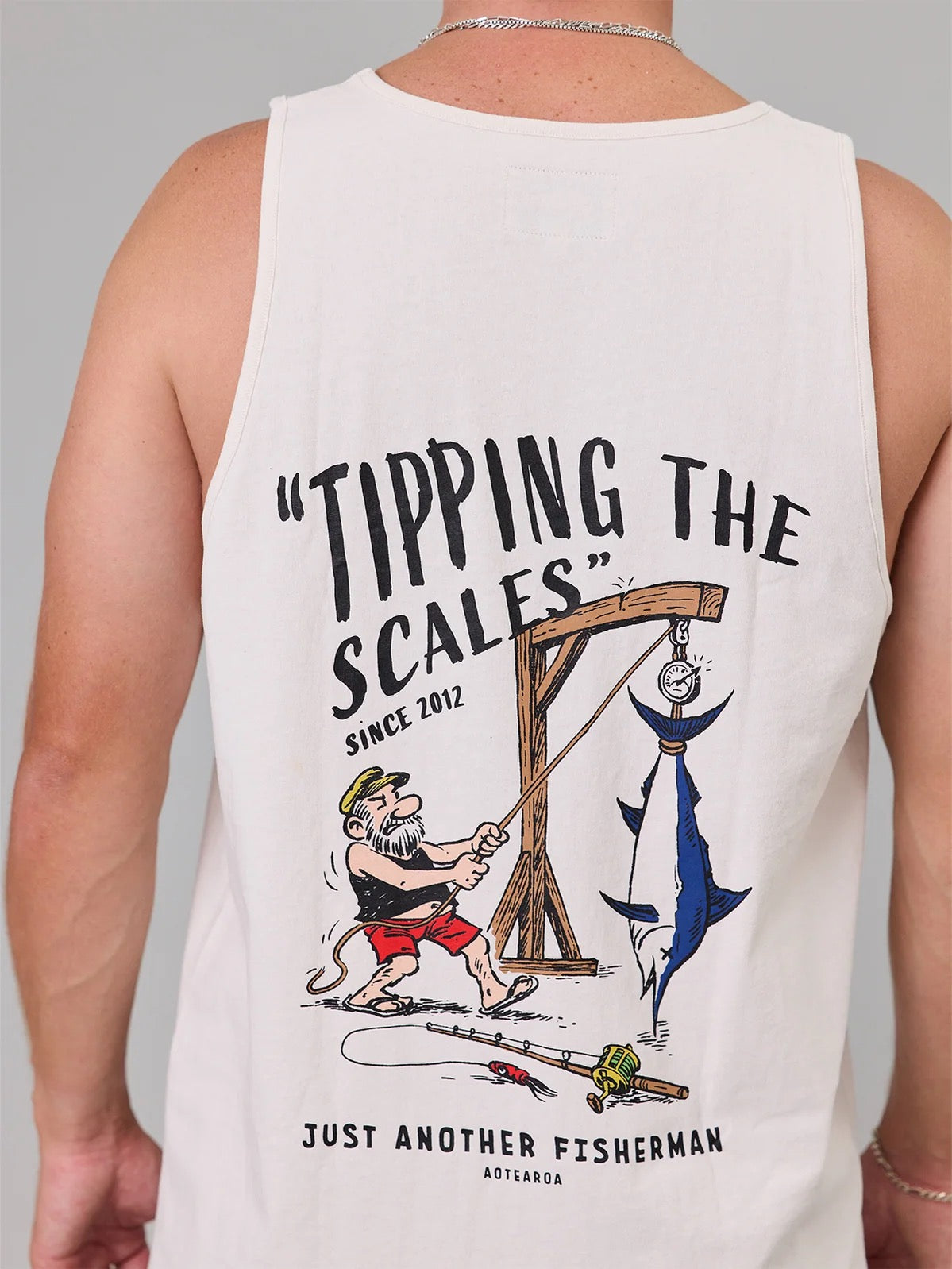 Just Another Fisherman Tipping the Scales Tank Antique White
