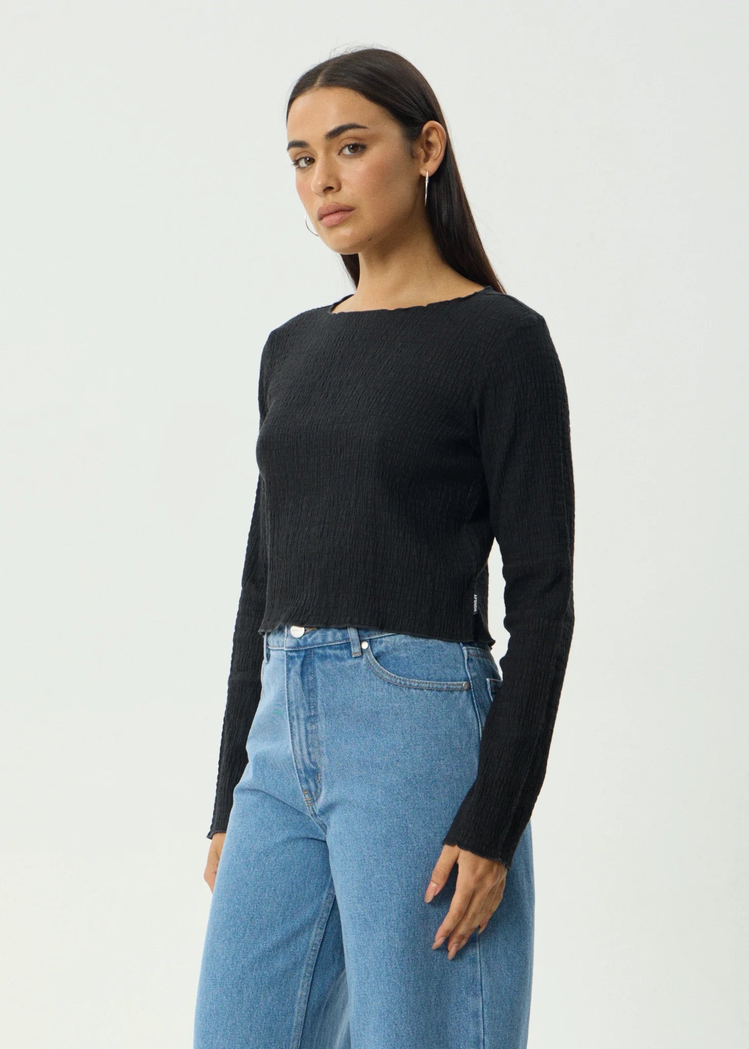 Afends Focus Seersucker Long Sleeve Top Black