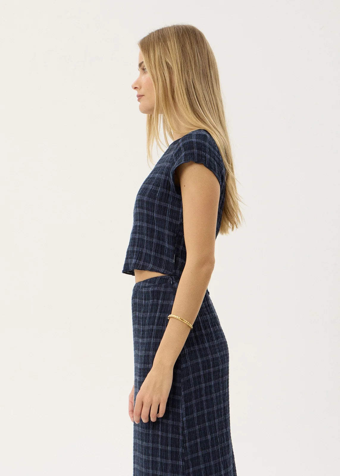 Afends Darcy Thea Hemp Seersucker Top Midnight Check