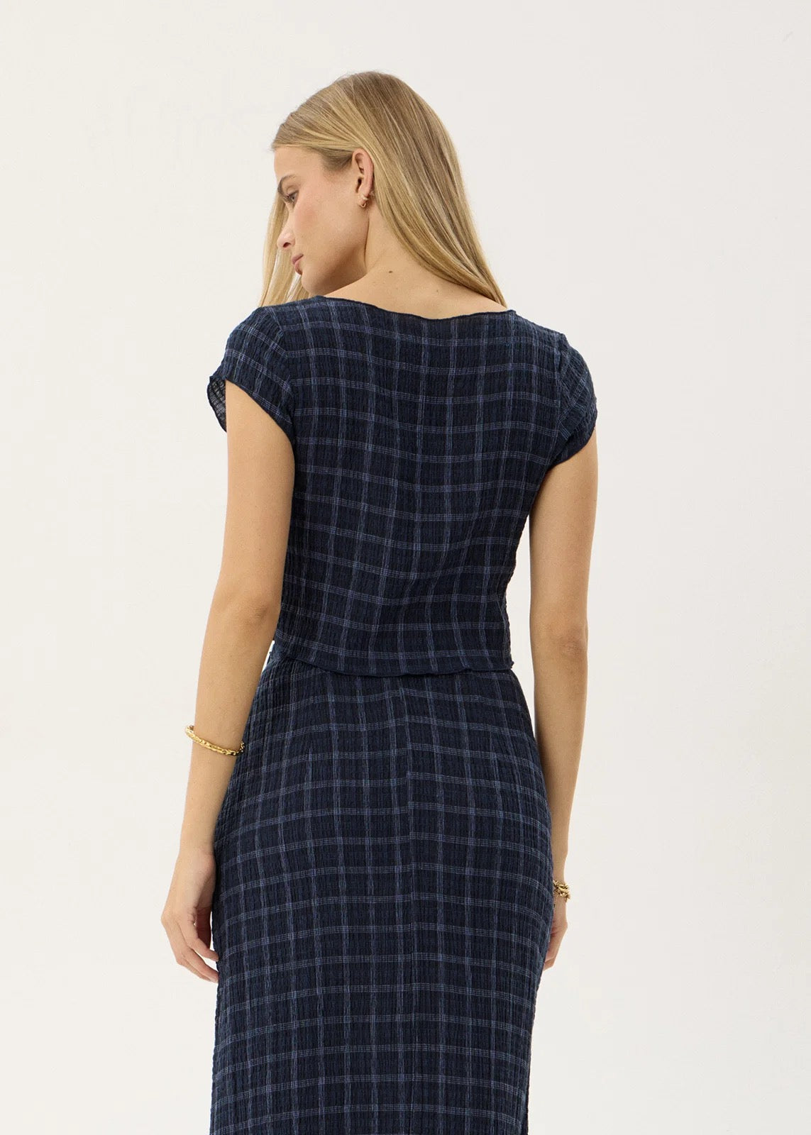 Afends Darcy Thea Hemp Seersucker Top Midnight Check