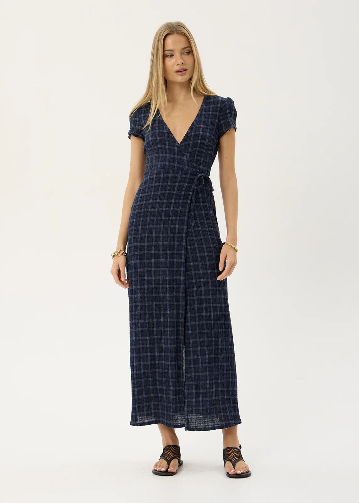 Afends Felicity Thea Hemp Seersucker Maxi Dress Midnight Check