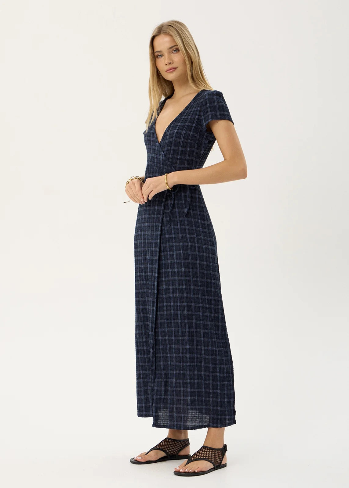 Afends Felicity Thea Hemp Seersucker Maxi Dress Midnight Check