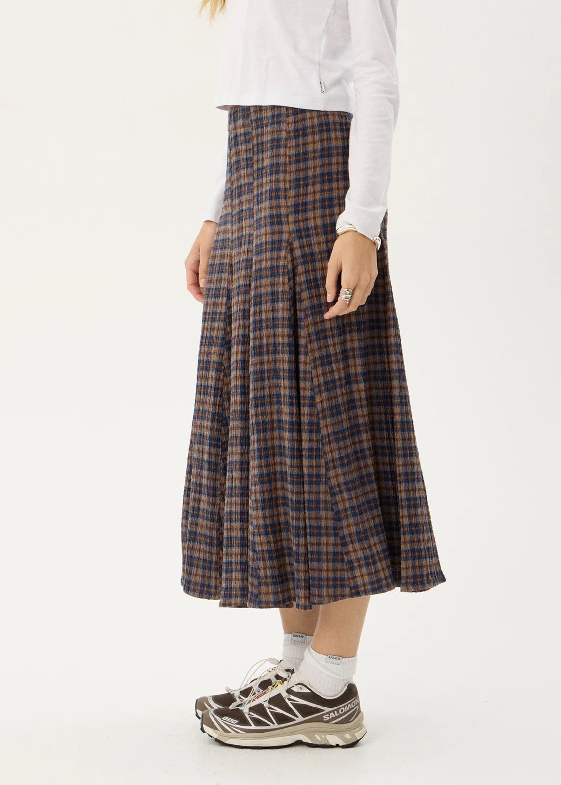 Afends Lana Seersucker Midi Skirt Shev Indigo Check