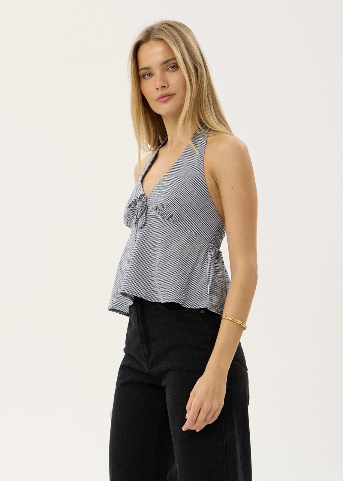 Afends Delfina Halter Top Indy Navy Check