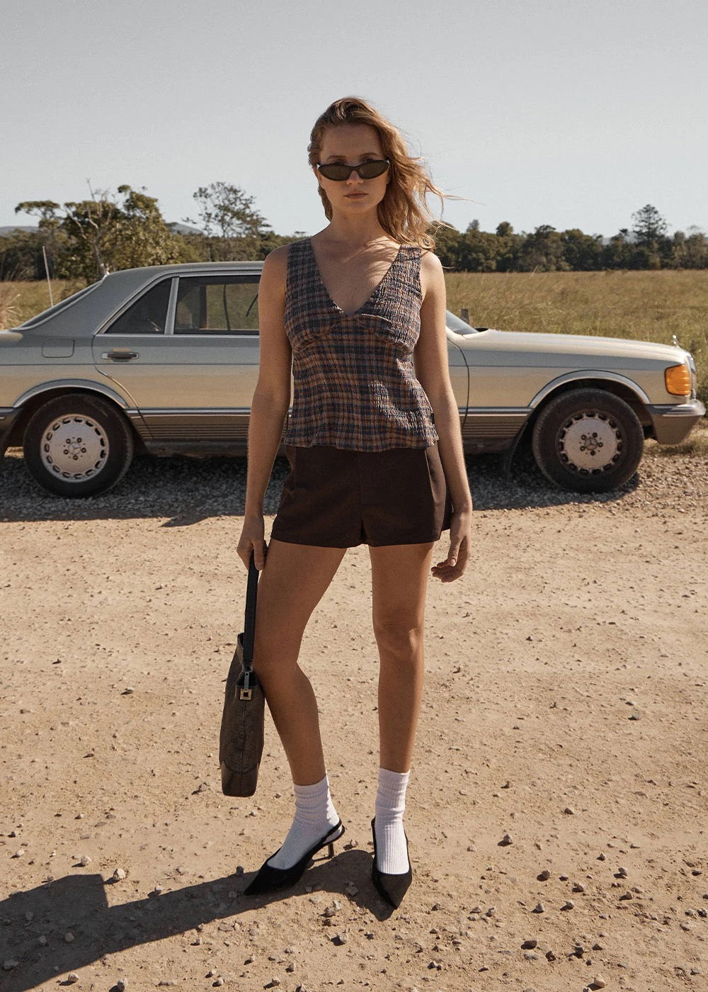 Afends Giselle Seersucker Top Shev Indigo Check