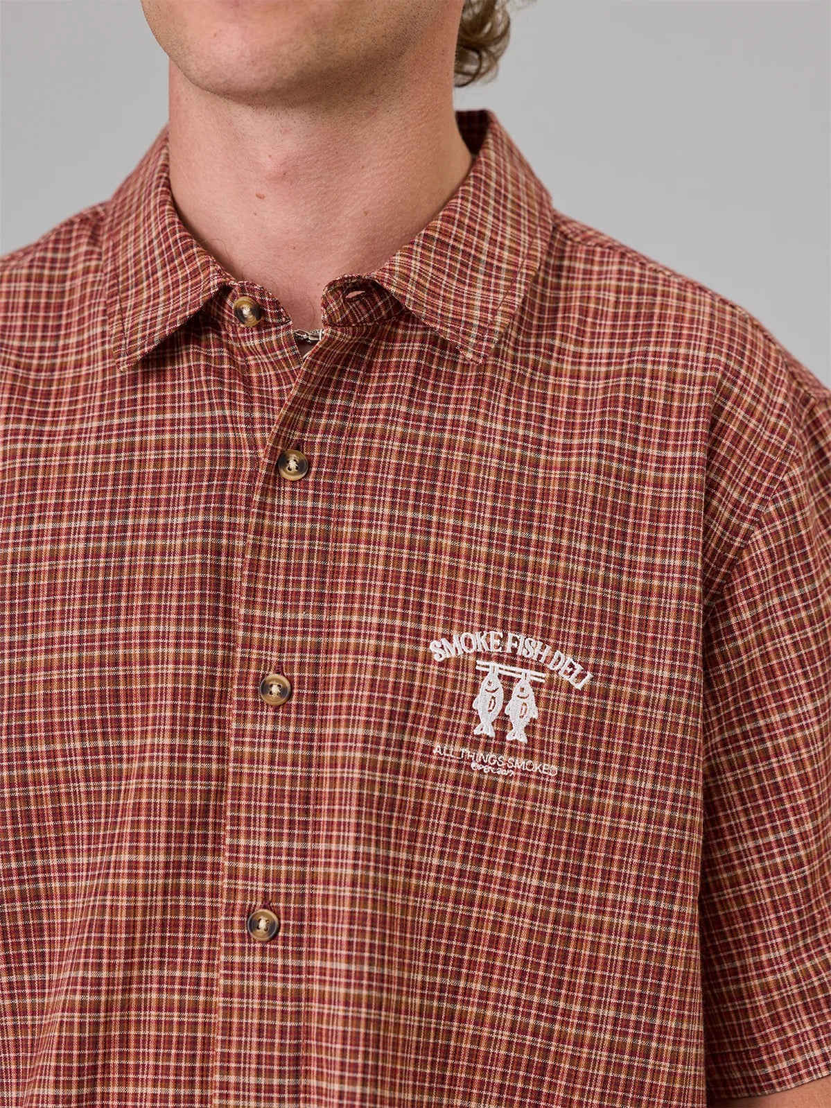 Just Another Fisherman Smoke Fish Deli SS Shirt- Maroon Check
