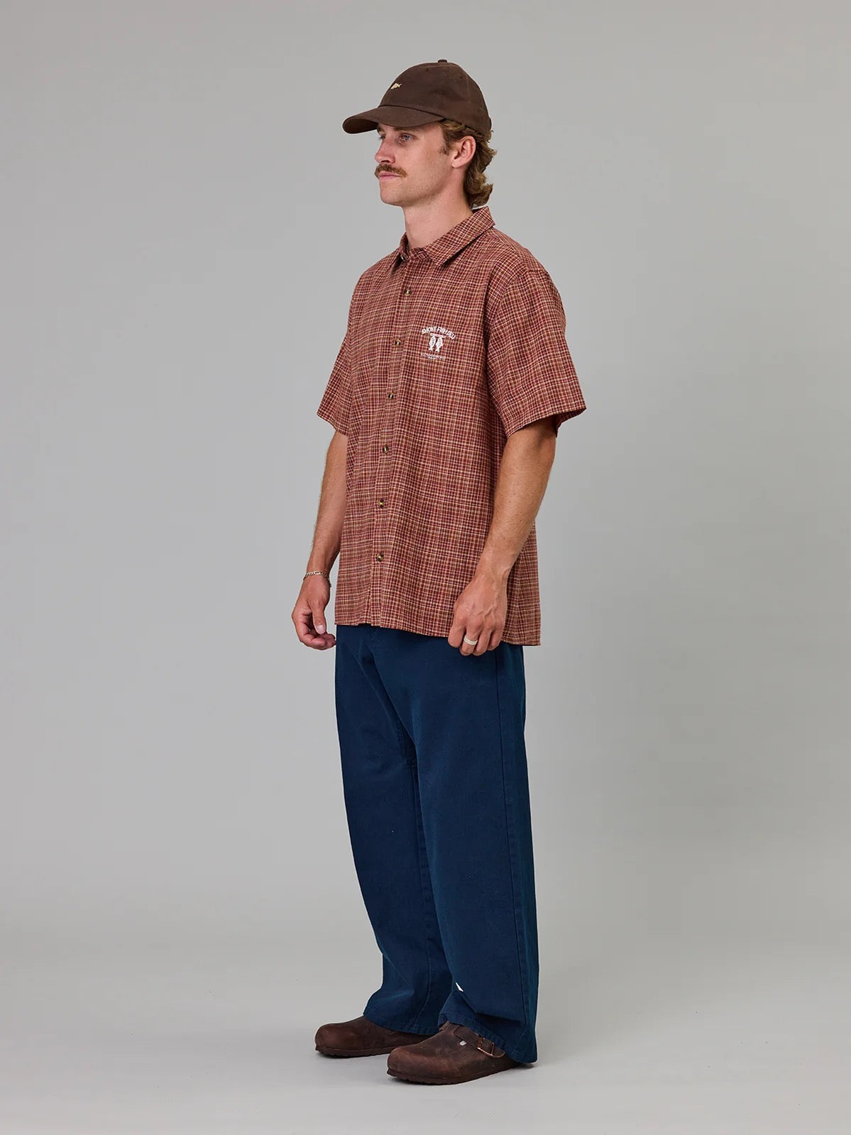 Just Another Fisherman Smoke Fish Deli SS Shirt- Maroon Check