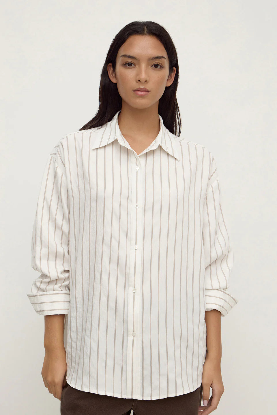 Assembly Maeve Longline Shirt Taupe Cream Stripe