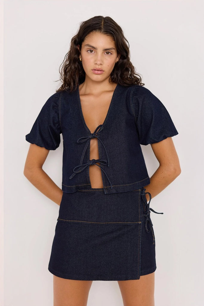 Mink Pink Camilla Denim Tie Crop Top - Midnight