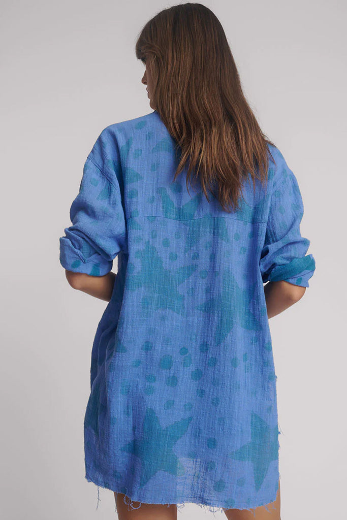 One Teaspoon Polka Dot Hand Print Muslin Longline Shirt Blue