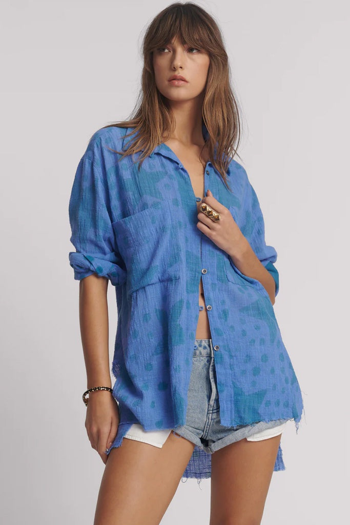 One Teaspoon Polka Dot Hand Print Muslin Longline Shirt Blue