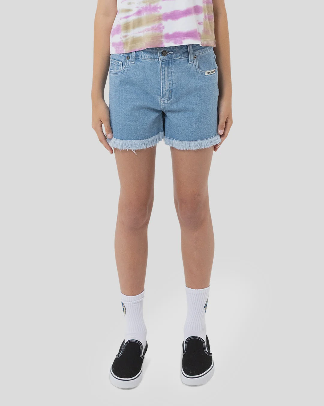 Santa Cruz Girls Other Dot Shorts Low Rise Raw Hem Denim Shorts