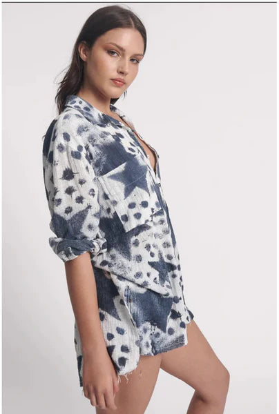 One Teaspoon Polka Star Muslin Longline Shirt Black White