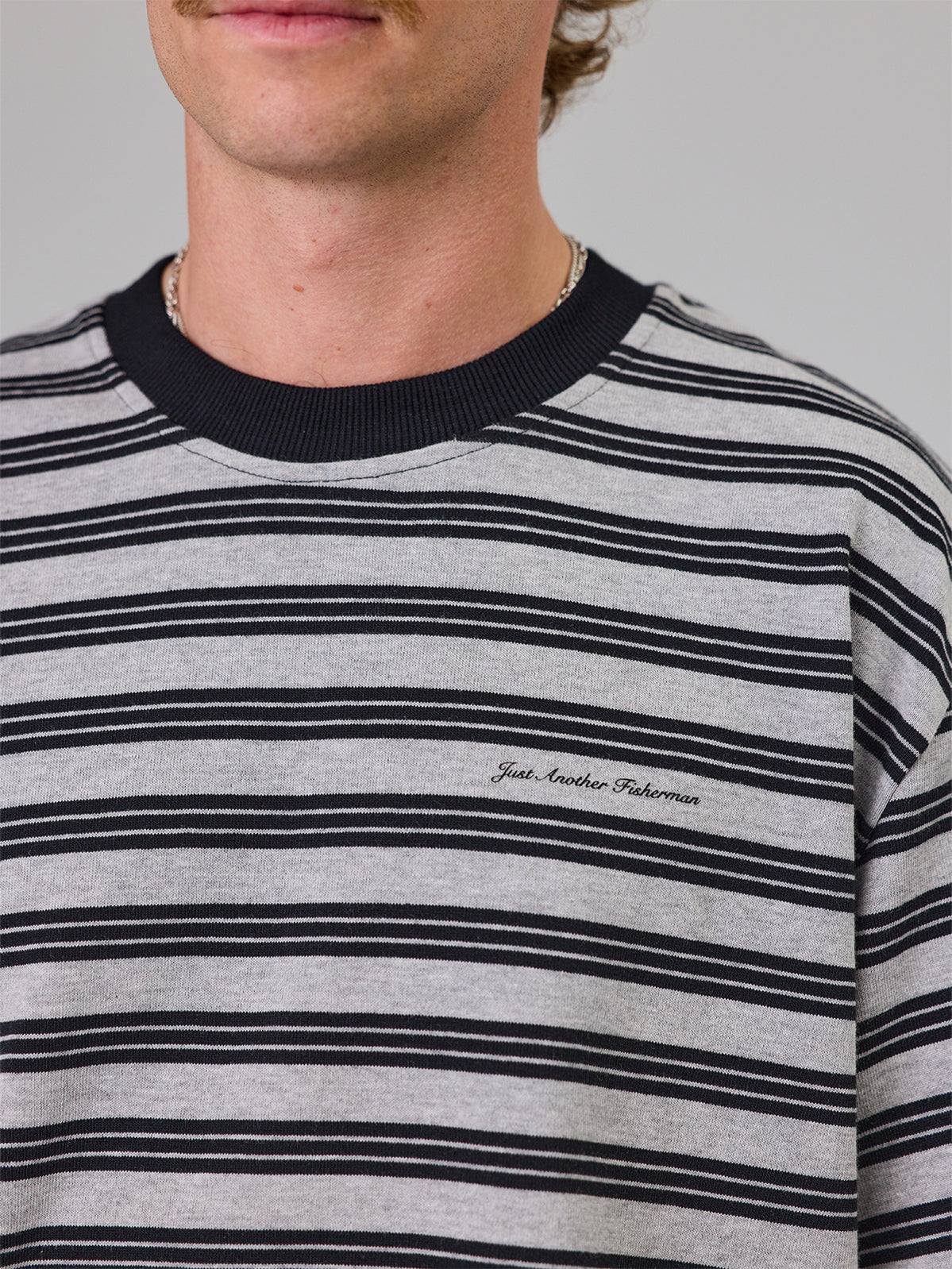 Just Another Fisherman Script Heavy Shore Tee Grey marle Stripe