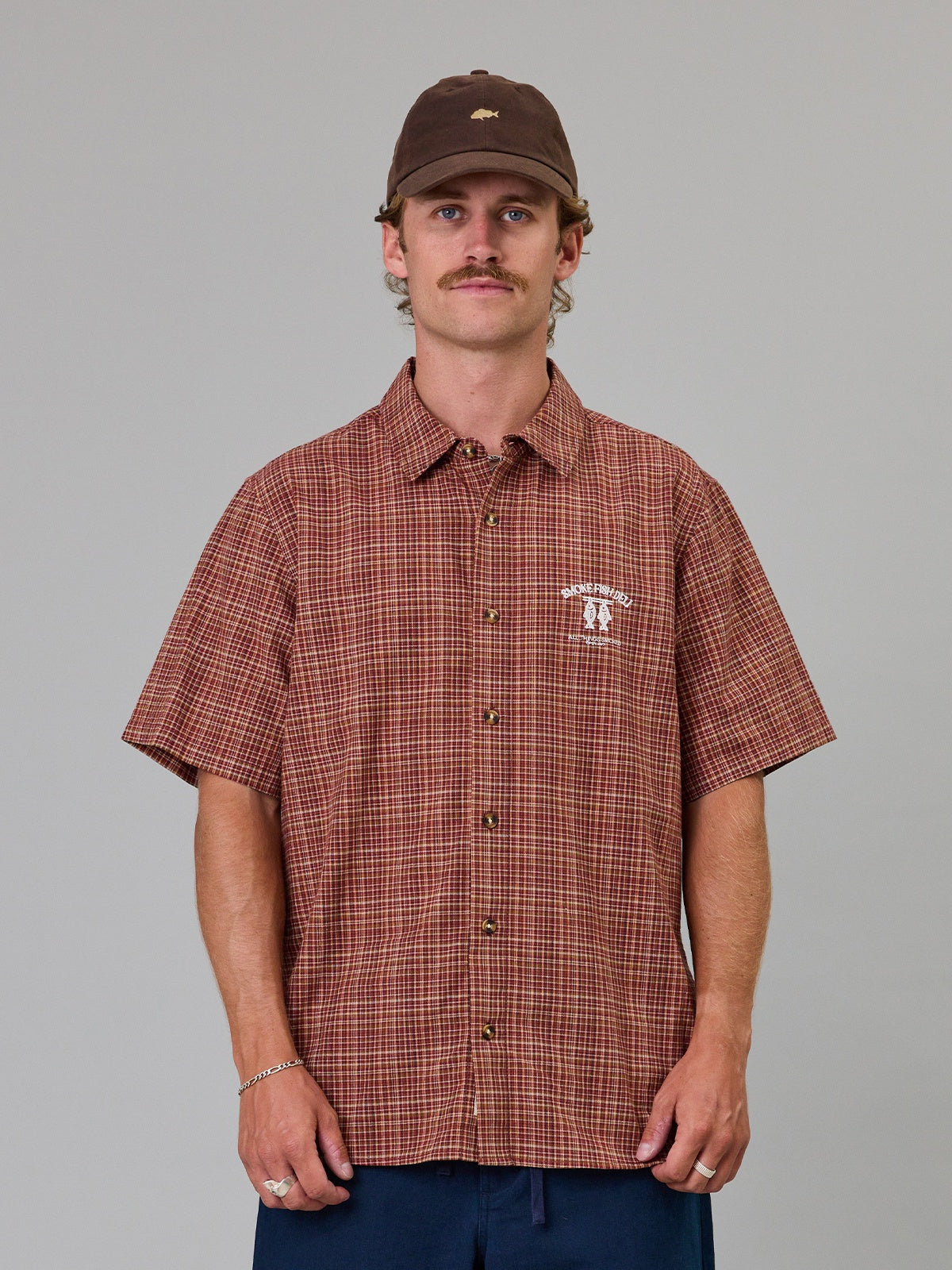 Just Another Fisherman Smoke Fish Deli SS Shirt- Maroon Check