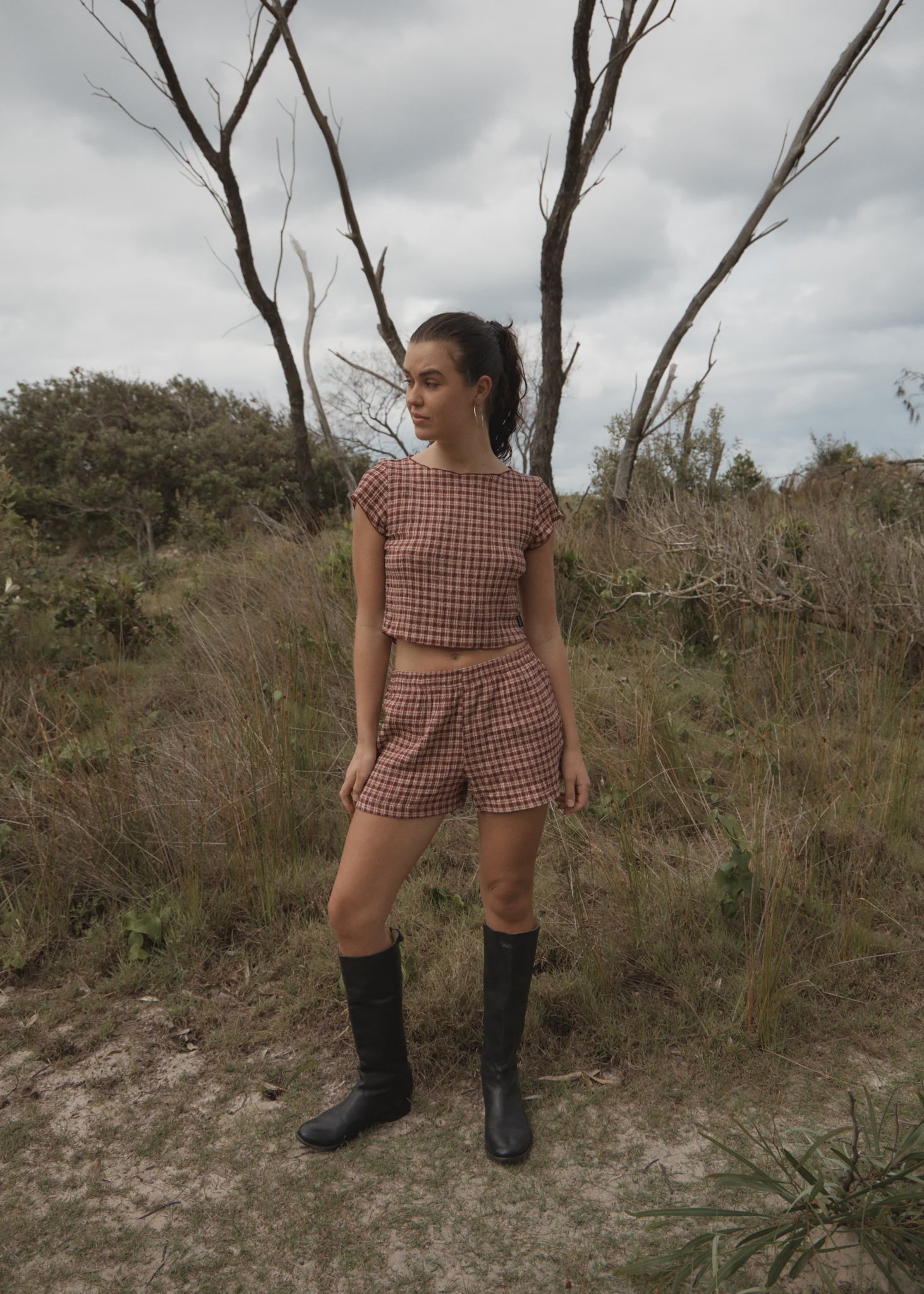 Afends Capricorn - Seersucker Short - Burgundy / Beige Check