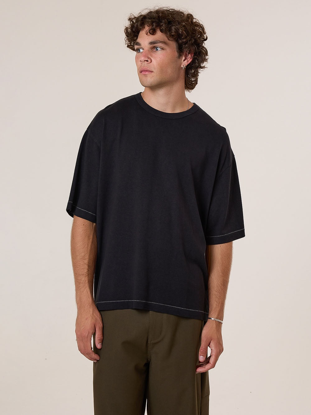 Thrills Hemp Embro Contrast Stitch Box Fit Oversize Short Tee Black