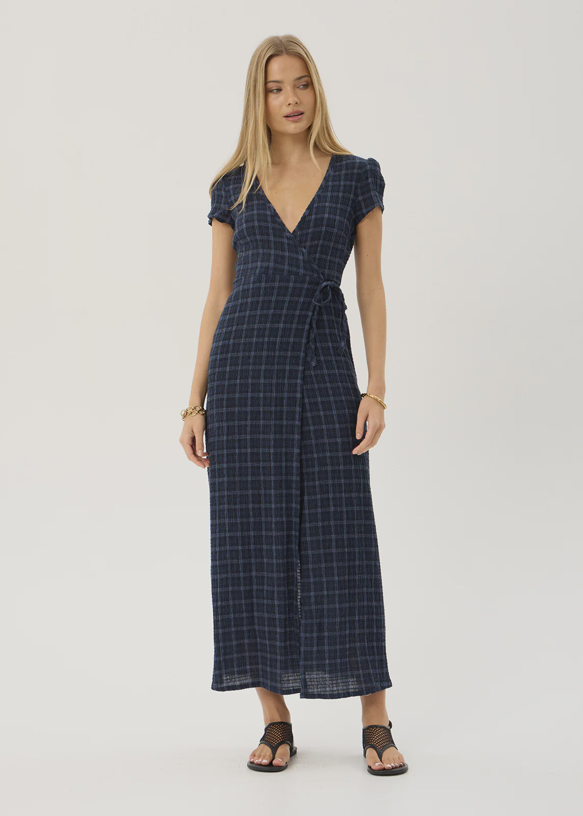 Afends Felicity Thea Hemp Seersucker Maxi Dress Midnight Check