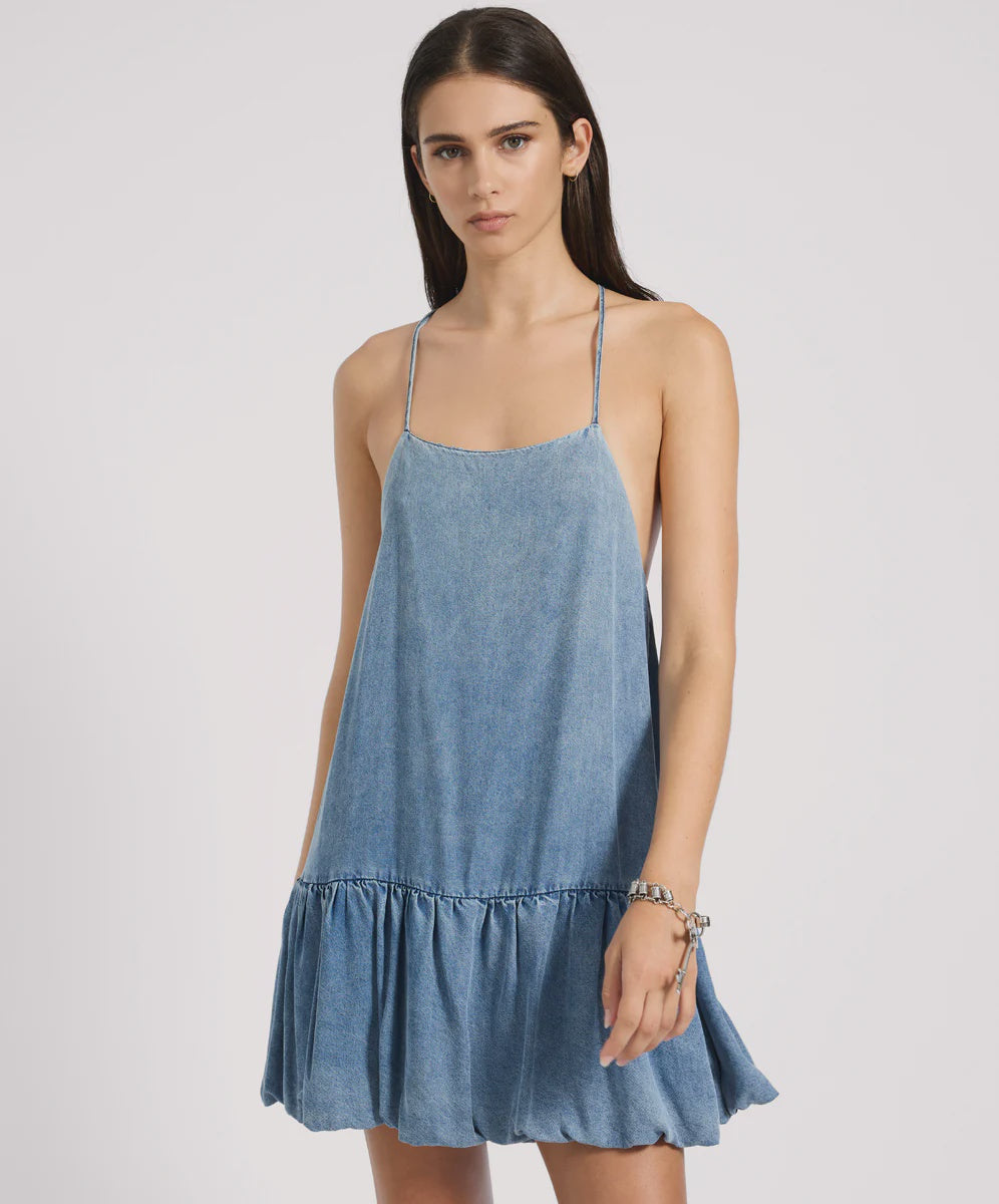 One Teaspoon Tencel Bubble Hem Mini Slip Dress- Washed Blue