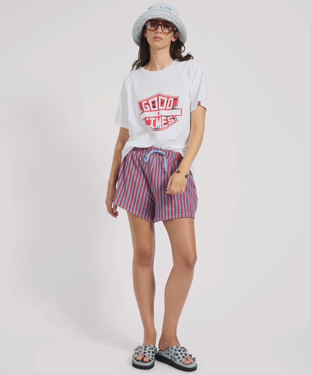 One Teaspoon Terry Towel Drawstring Beach Shorts- Red Blue