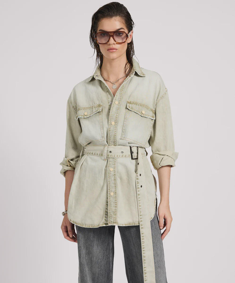 One Teaspoon Belted Longline Denim Shirt- Antique Khaki